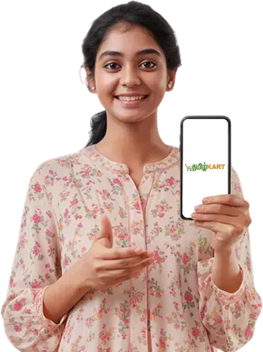 Tamil Nadu shop owner holding a phone showing her MyTamilKart online store — sell online without coding